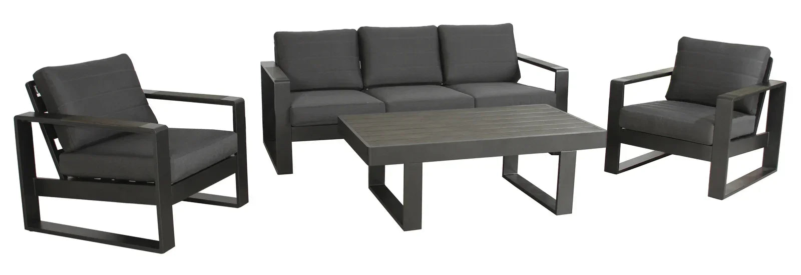 Outdoor furniture set with black frames and gray cushions on a white background
