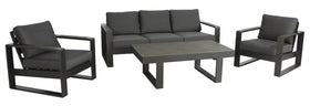 Outdoor furniture set with black frames and gray cushions on a white background