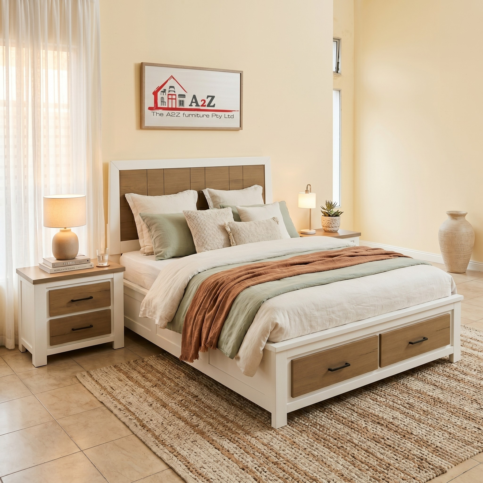 Bedroom with a wooden bed and matching nightstands, featuring A&Z Furniture logo.