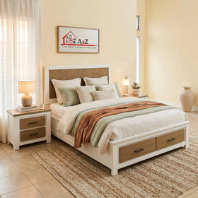 Bedroom with a wooden bed and matching nightstands, featuring A&Z Furniture logo.