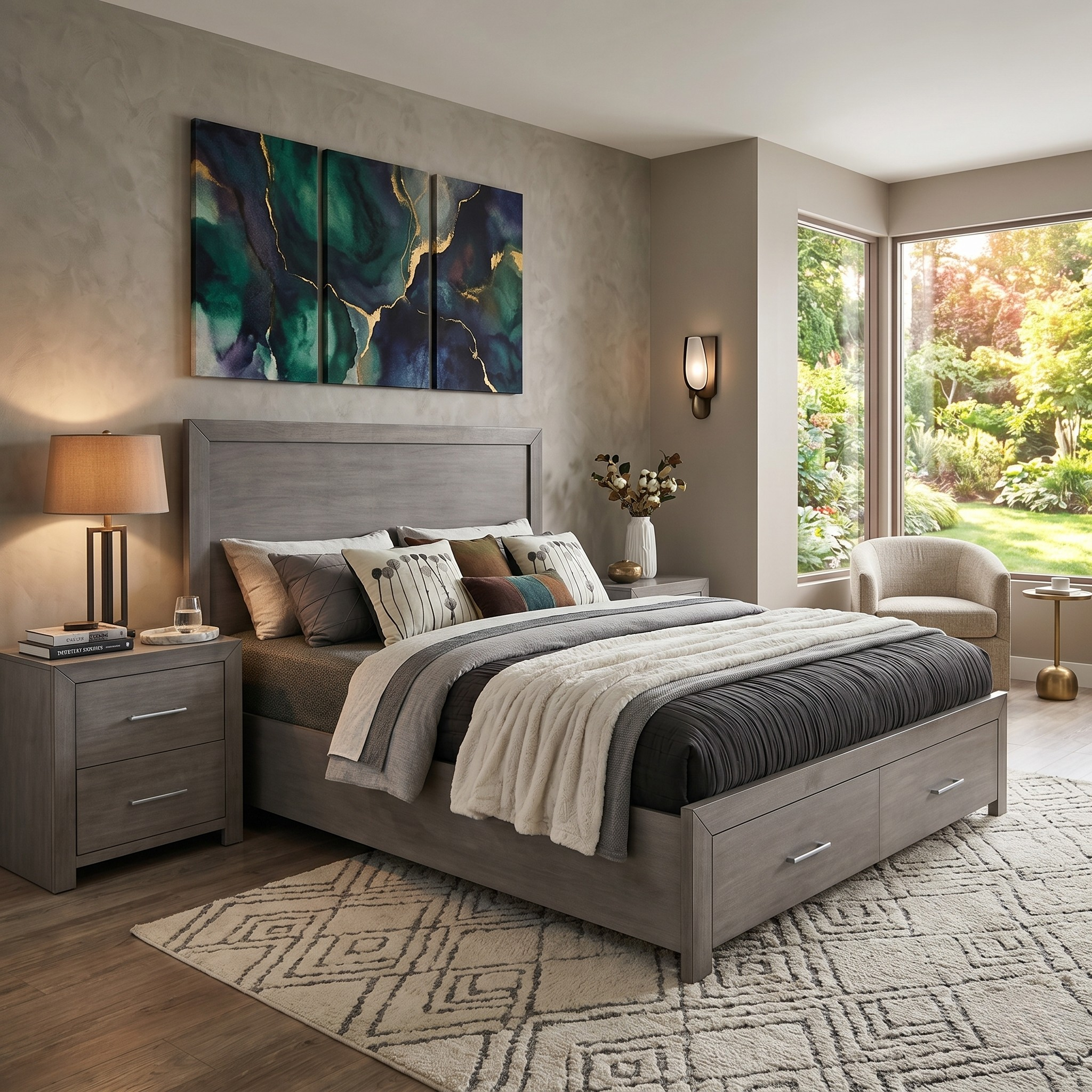 Modern bedroom with gray upholstered bed, nightstands, and artwork on the wall.