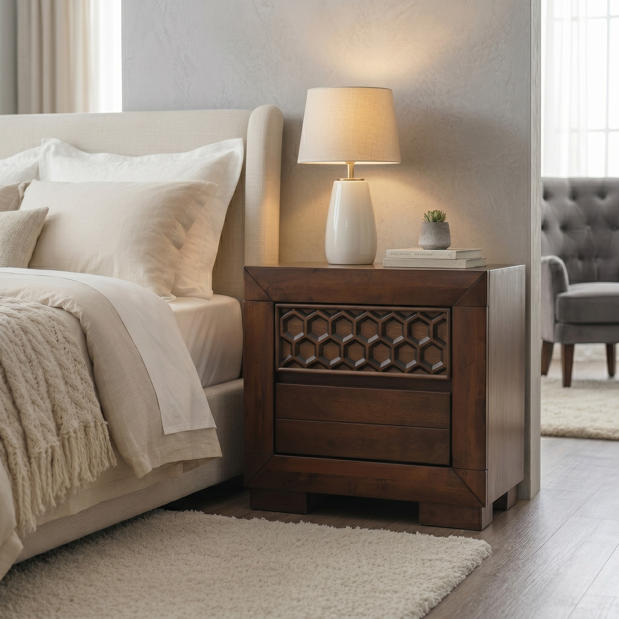 Wooden nightstand with lamp and decor next to a bed in a bedroom setting
