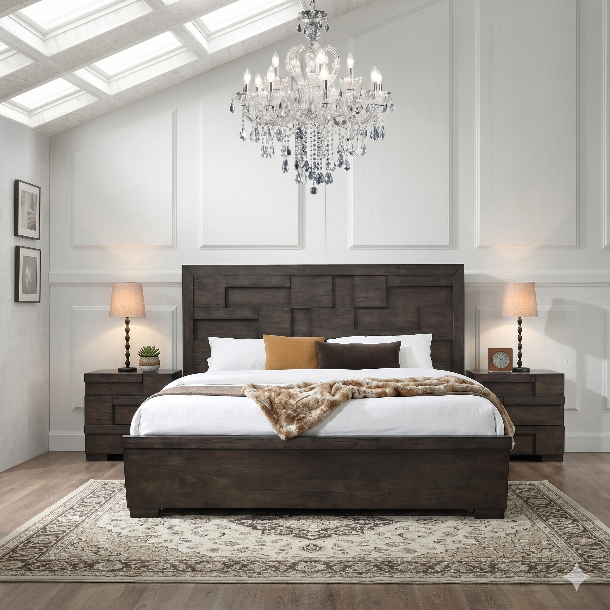 Modern bedroom with wooden bed, chandelier, and decorative elements.