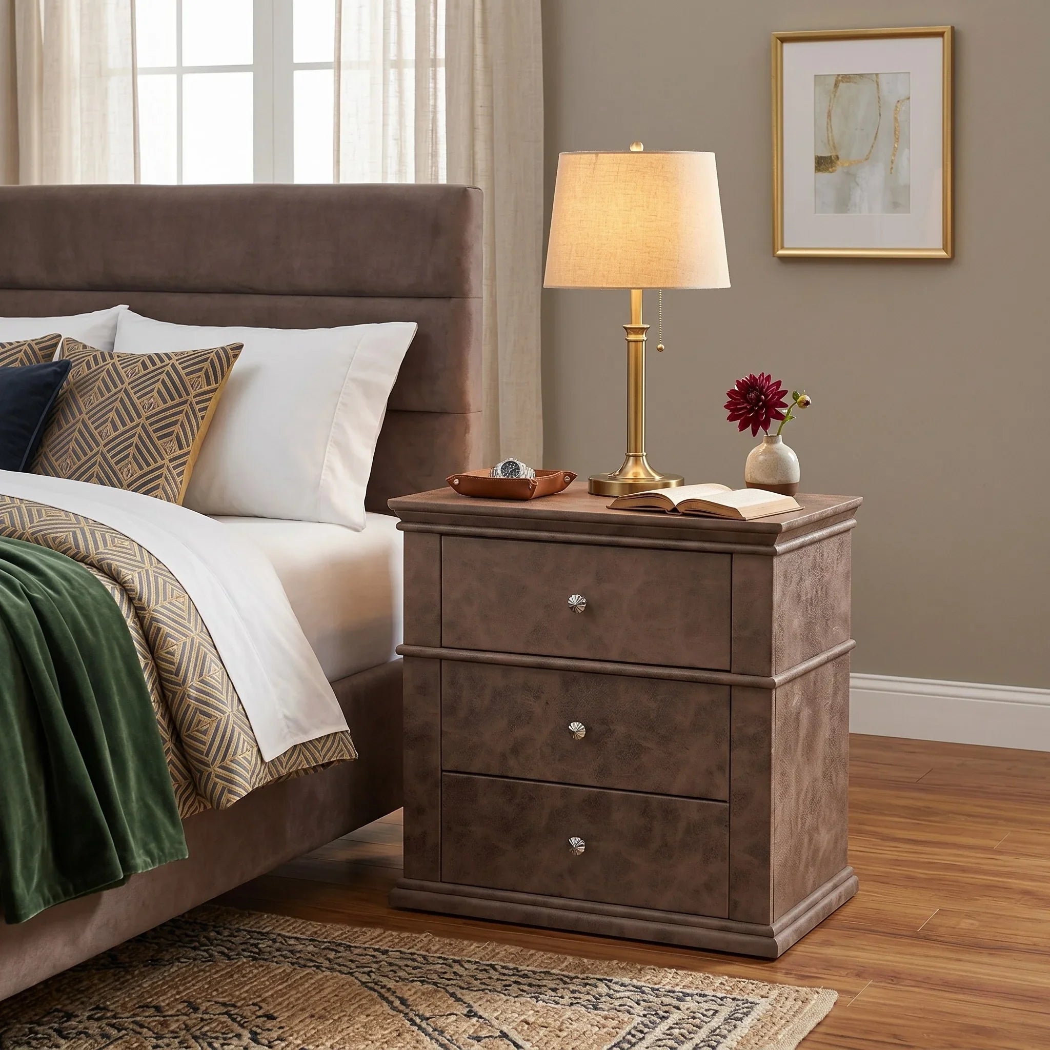 Bedroom with a brown upholstered bed and matching nightstand.