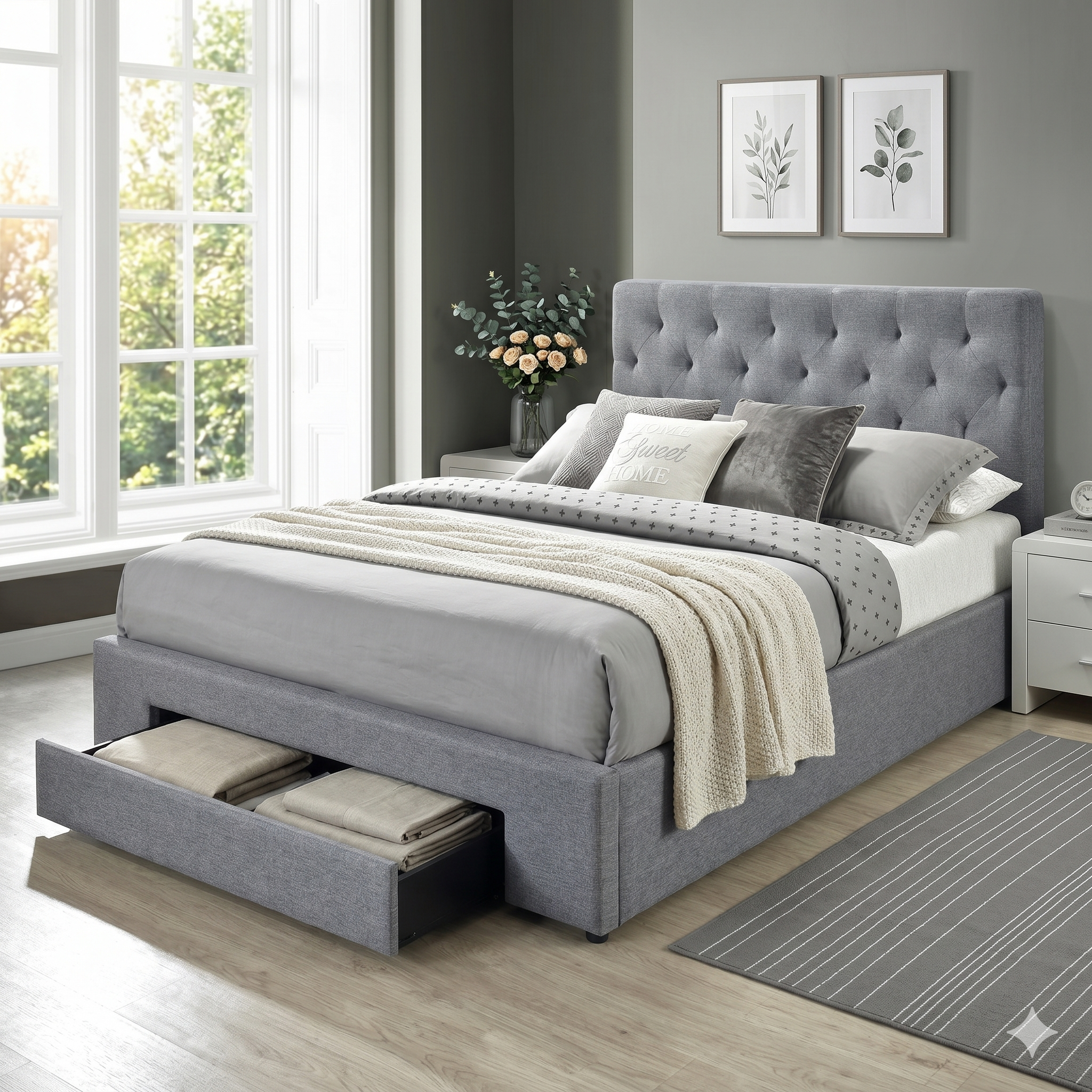Gray upholstered bed with storage drawers in a bedroom setting.