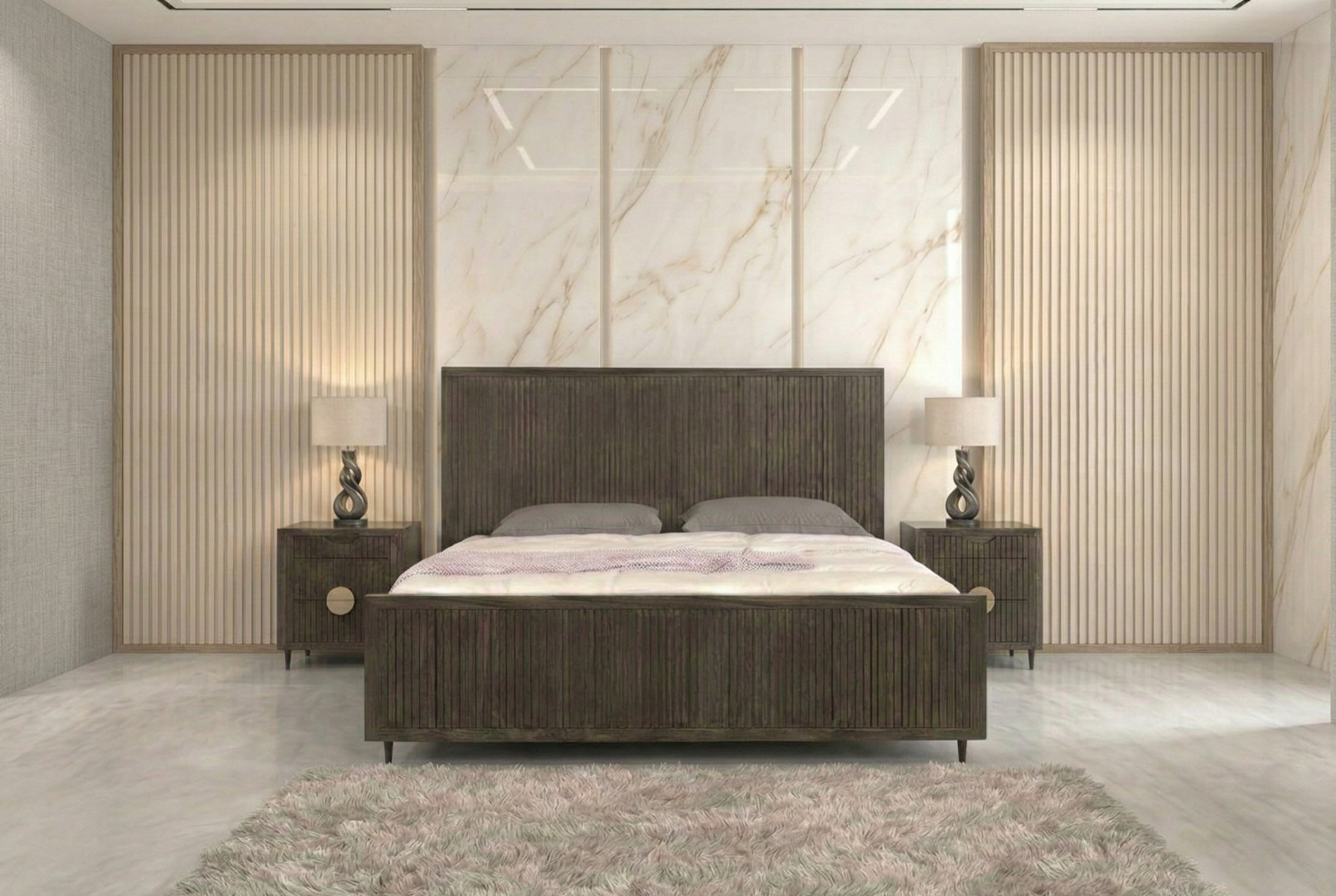 Modern bedroom with wooden bed and marble wall