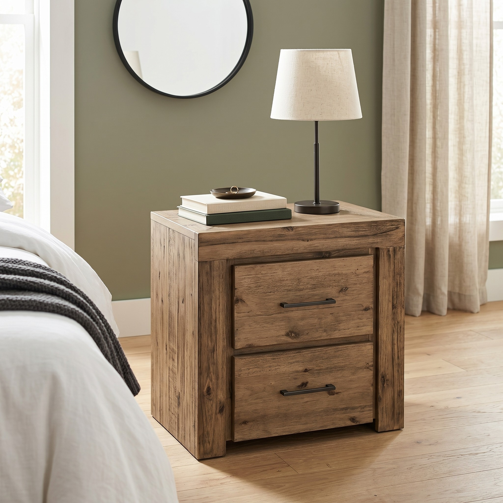 Wooden nightstand with two drawers in a bedroom setting.