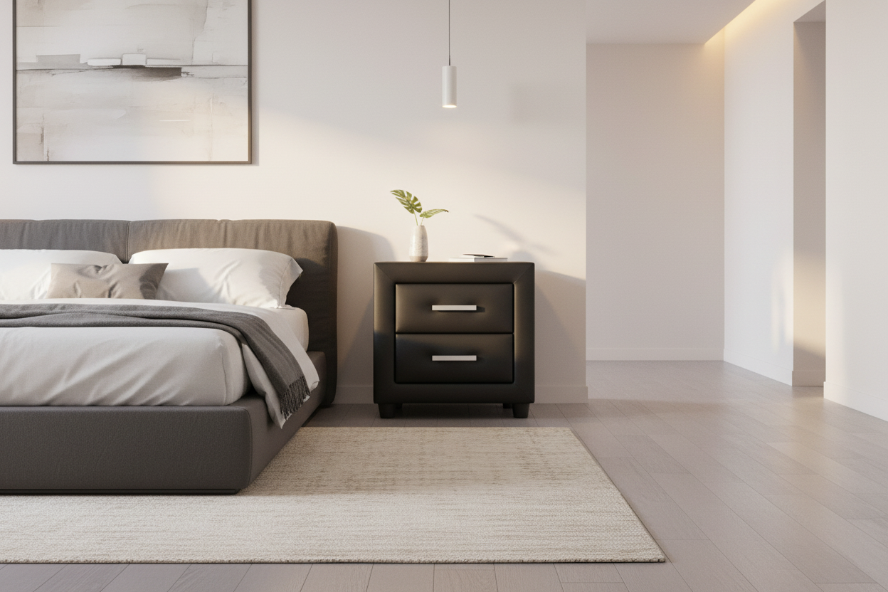 Black bedside table with two drawers in modern bedroom setting on light wood floor