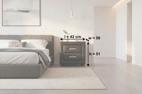 Majestic II Black Bedside Table dimension diagram showing 42cm length, 50cm width and 51cm height