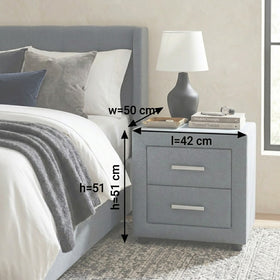 Majestic II Blue Grey Bedside Table dimension diagram showing 42cm length, 50cm width and 51cm height