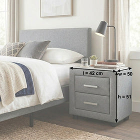 Majestic II Grey Fabric Bedside Table dimension diagram showing 42cm length, 50cm width and 51cm height
