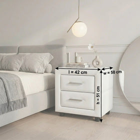 Majestic II White Bedside Table dimension diagram showing 42cm length, 50cm width and 51cm height