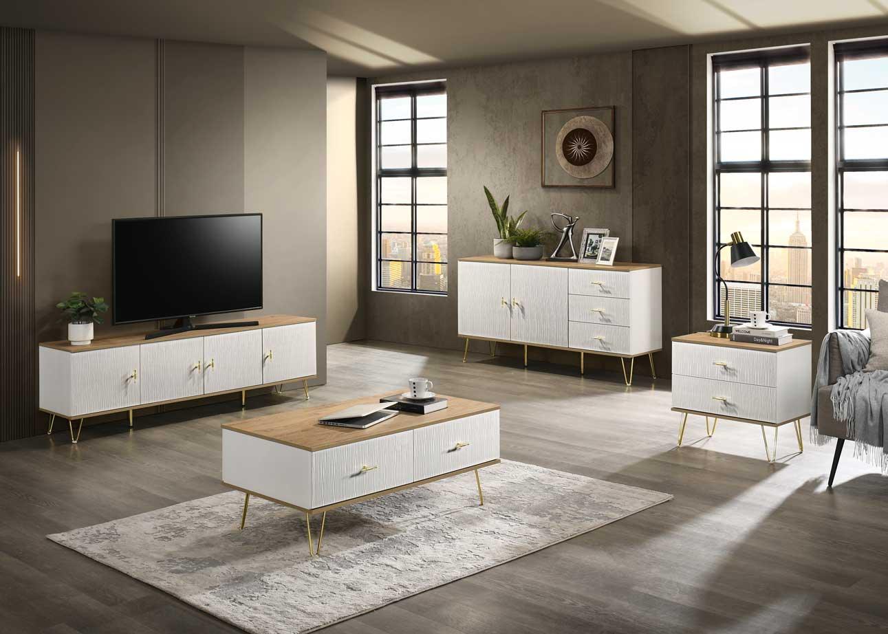 Modern living room with white and wood TV unit, coffee table, sideboard, and storage cabinets