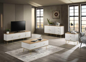 Modern living room with white and wood TV unit, coffee table, sideboard, and storage cabinets