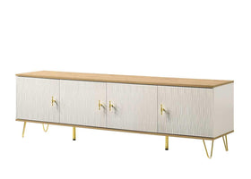 Manuka TV Unit, 180cm long, pearl white body, golden legs, 4 storage cabinets, modern TV stand by The A2Z Furniture