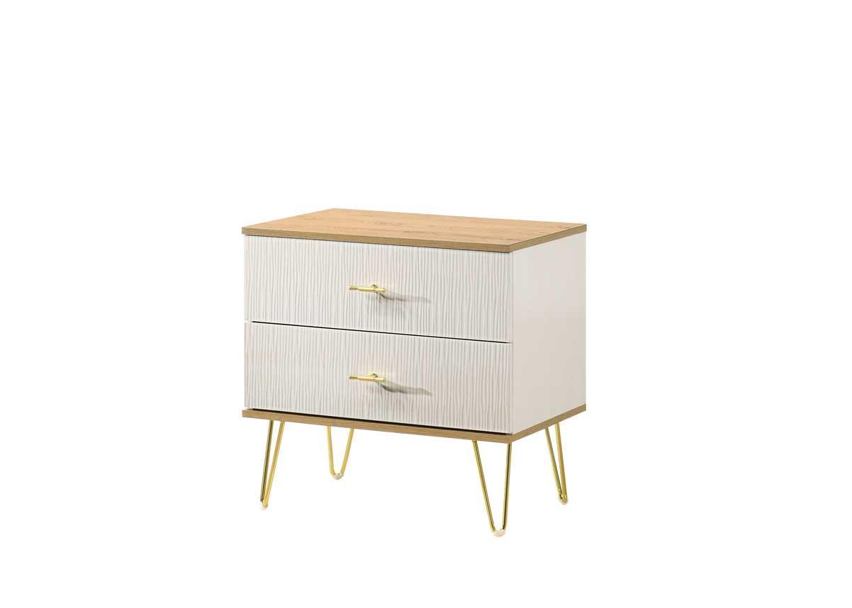Modern bedside table with two textured white drawers, wood top, and gold metal legs