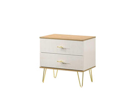 Modern bedside table with two textured white drawers, wood top, and gold metal legs