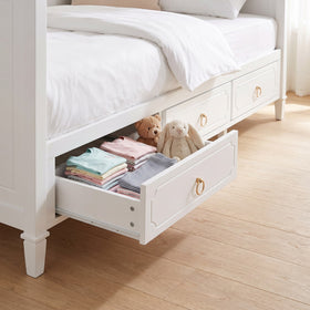 Mariana Daybed drawer open on full-extension metal runner