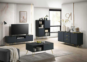 Modern black living room furniture set with gold legs, TV unit, coffee table, sideboard, and display cabinet in a bright, stylish lounge.