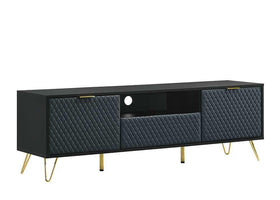 Modern black TV unit with quilted doors, gold legs, and open shelf