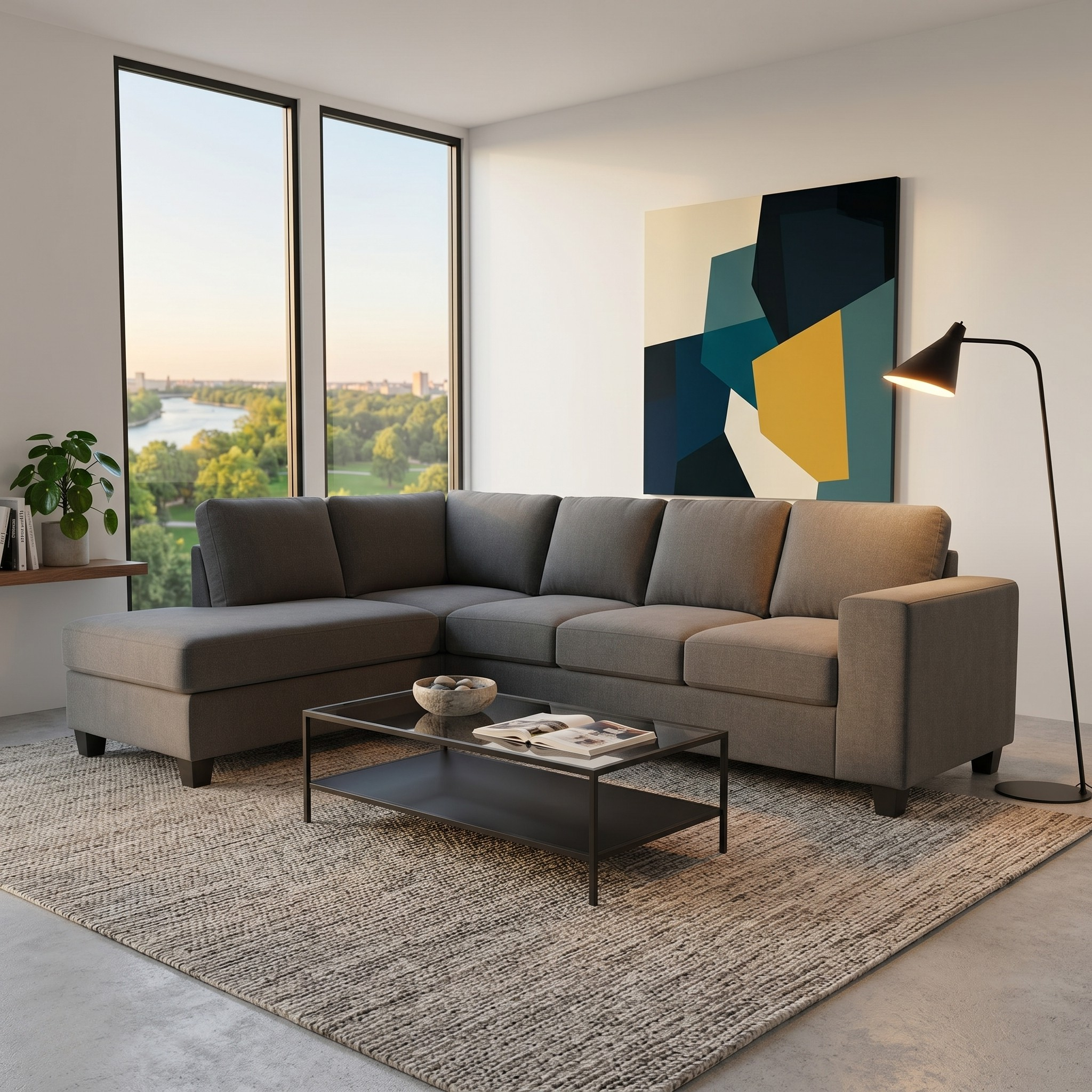 Marsden Corner Sofa in a modern living room setting with large windows, a textured rug, abstract wall art, a sleek black floor lamp, and a minimalist coffee table.