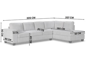 Grey sectional sofa with dimensions labelled on a white background