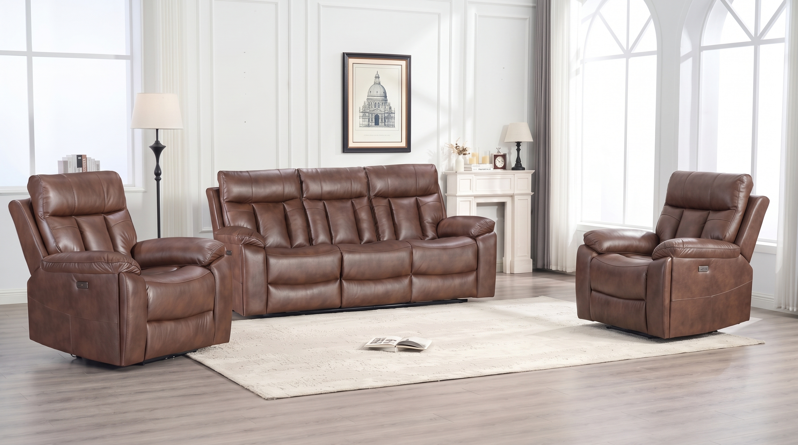 Marshall 3+1+1 seater electric recliner package in sandy brown air leather