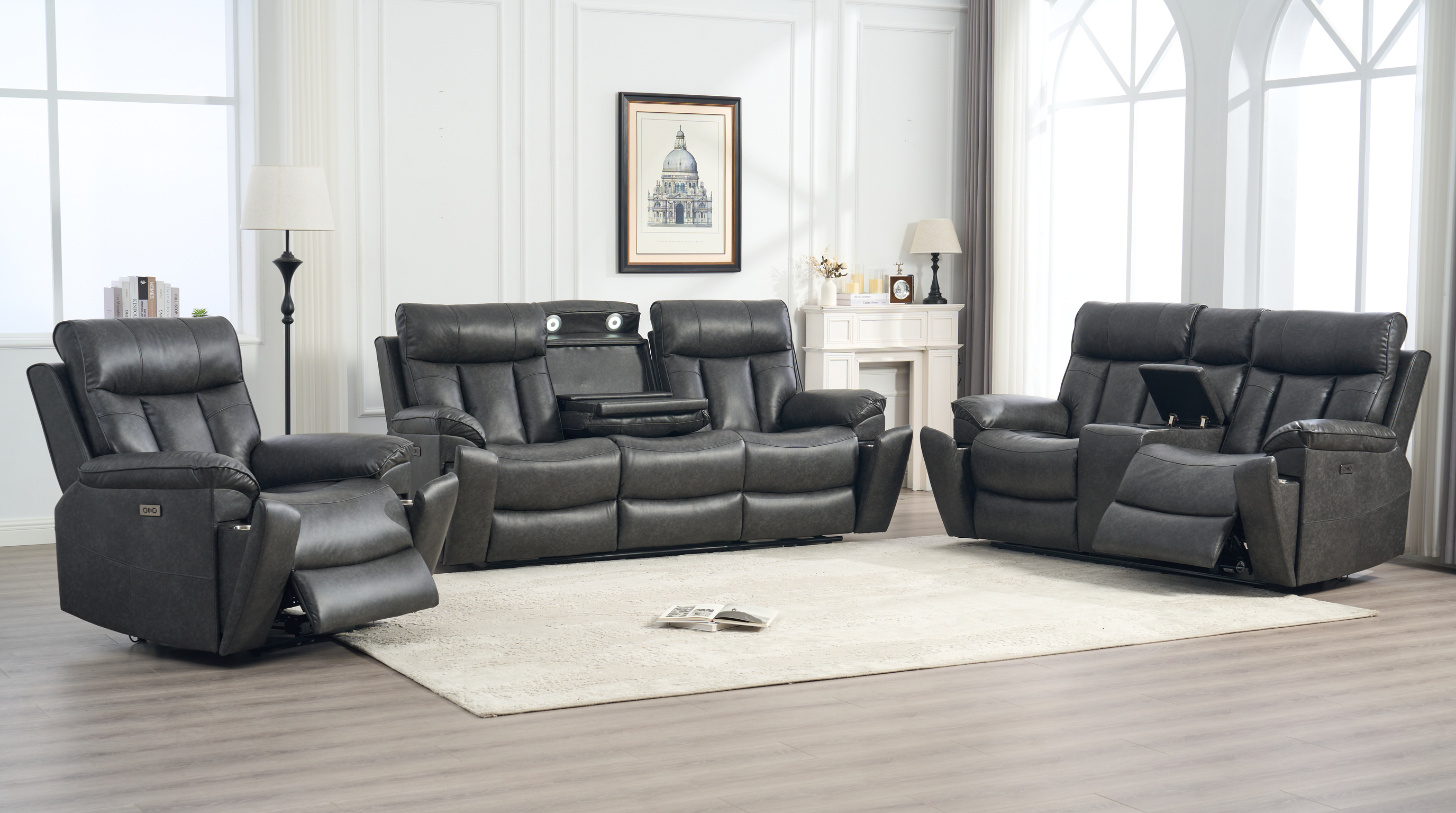 Marshall 3+2+1 seater electric recliner package in dark grey air leather
