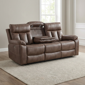 Marshall 3 seater air leather electric recliner lounge in sandy brown with the drop-down console open