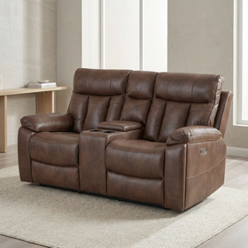 Marshall 2 seater air leather electric recliner lounge with centre console in sandy brown