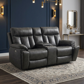 Marshall 2 seater air leather electric recliner lounge with centre console in dark grey
