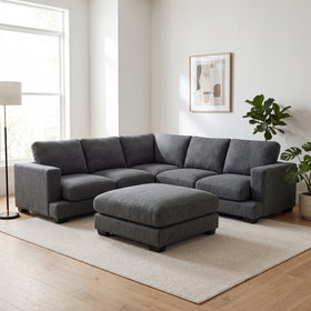 Marvel 5 Seater Corner Sofa in Carbon charcoal fabric, shown with the optional Marvel Ottoman