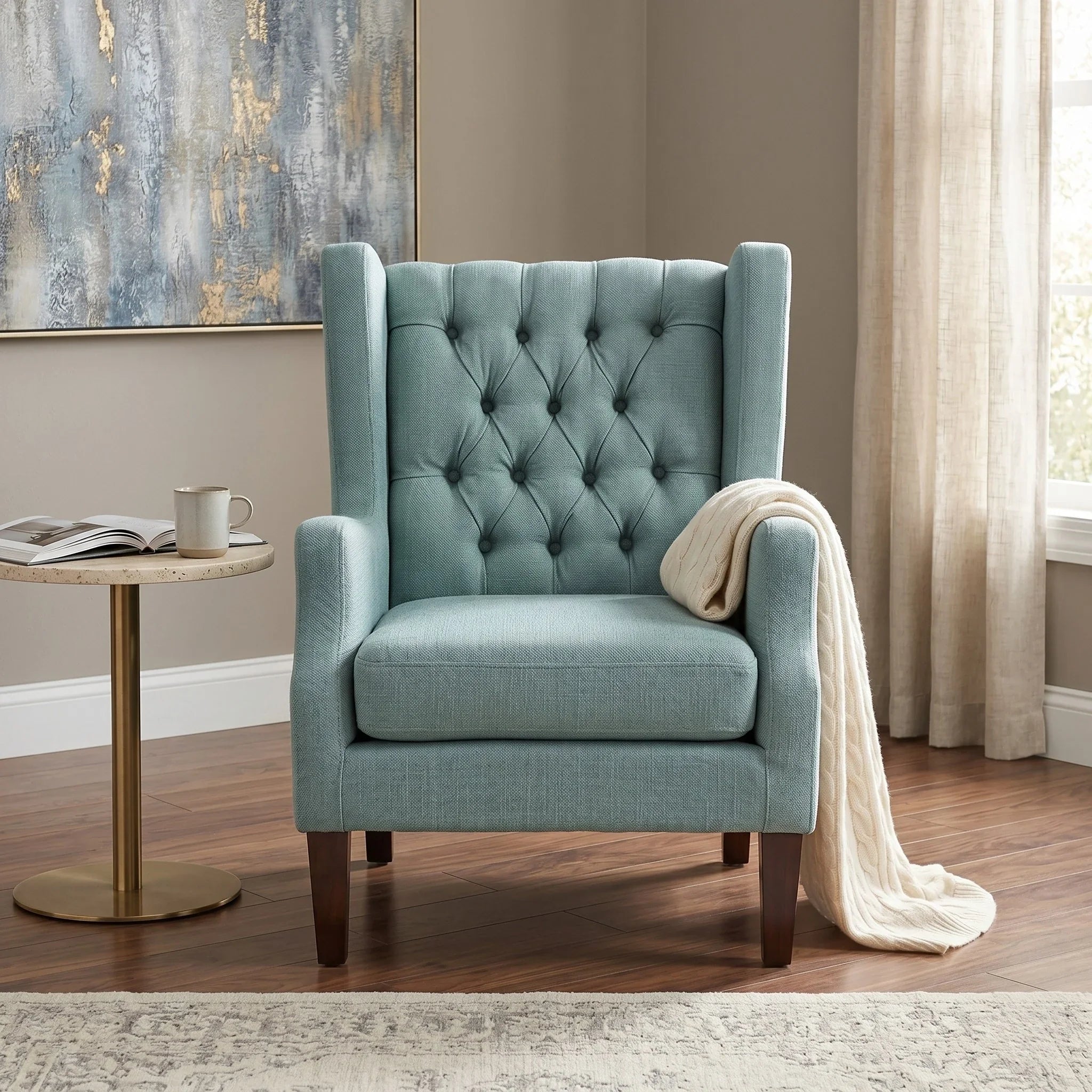 Maxwell Tufted Arm Chair in soft blue fabric with button tufting and high back wings, shown in a cozy living room setting with wooden legs and a white throw blanket.