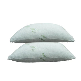 Two light green pillows with branding on a white background