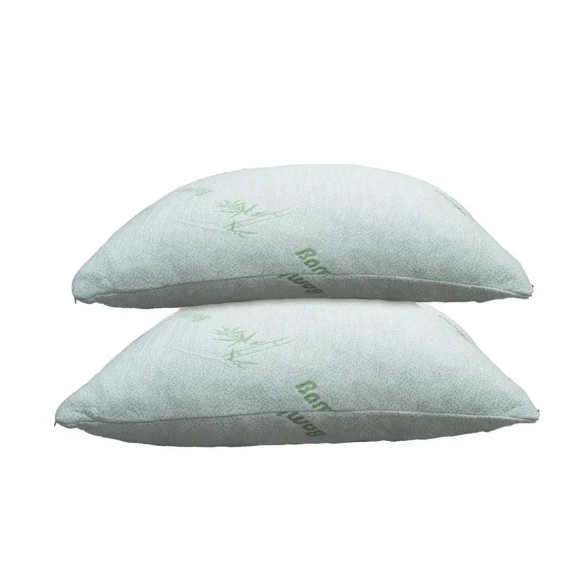 Two light green pillows with branding on a white background