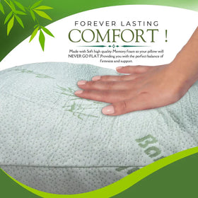 Pillow with hand pressing down, text 'Forever Lasting Comfort' and 'Made with Soft high quality Memory foam'.