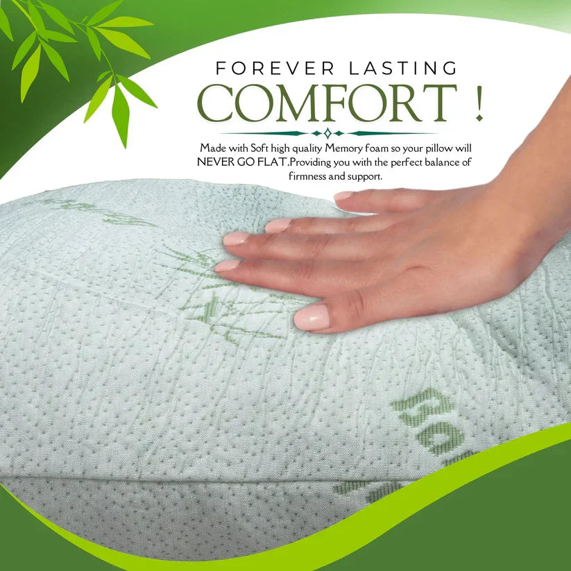 Pillow with hand pressing down, text 'Forever Lasting Comfort' and 'Made with Soft high quality Memory foam'.