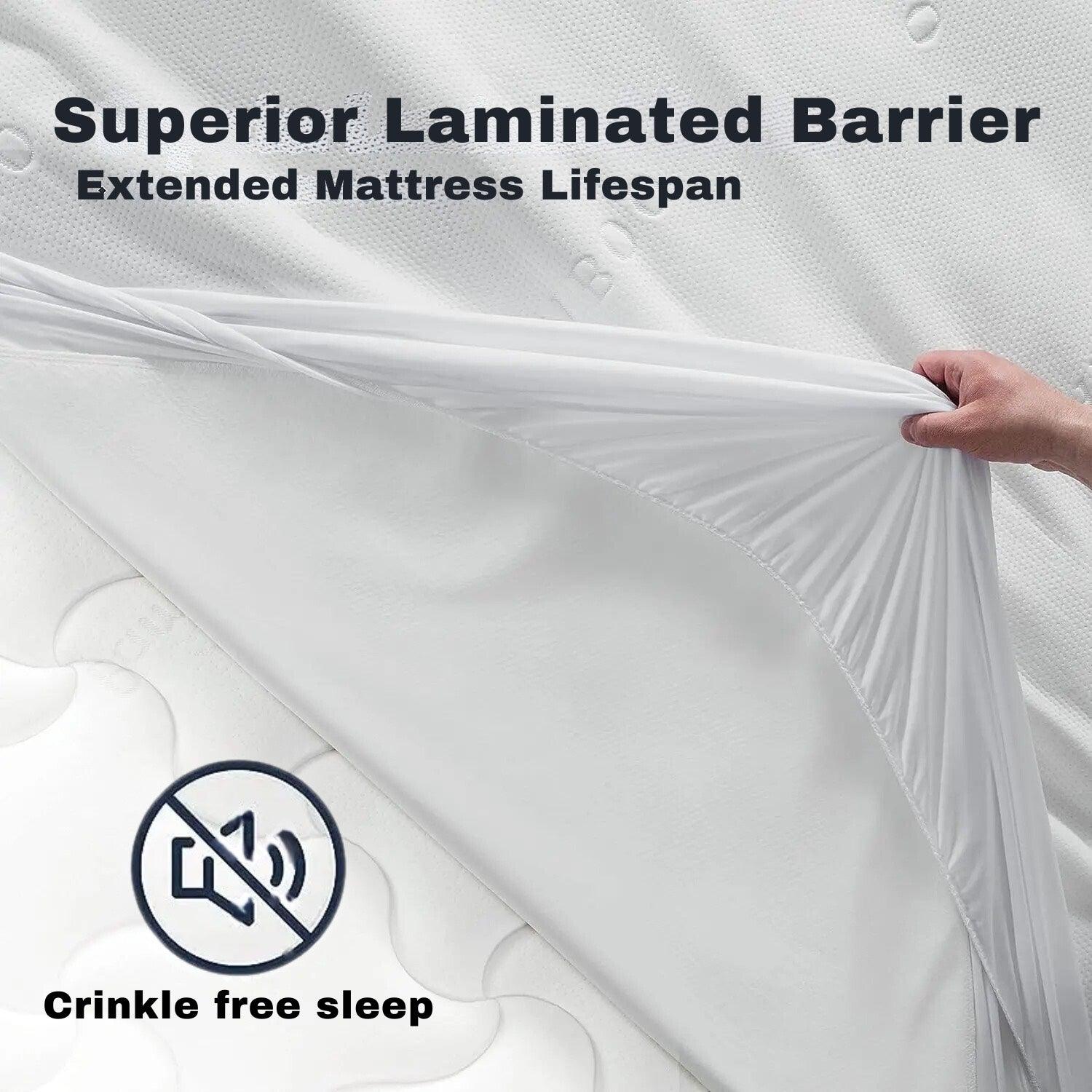 Hand lifting a white mattress protector showing laminated barrier for crinkle free sleep