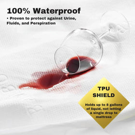 Spilled red wine on waterproof mattress protector with TPU shield, stain-resistant bedding