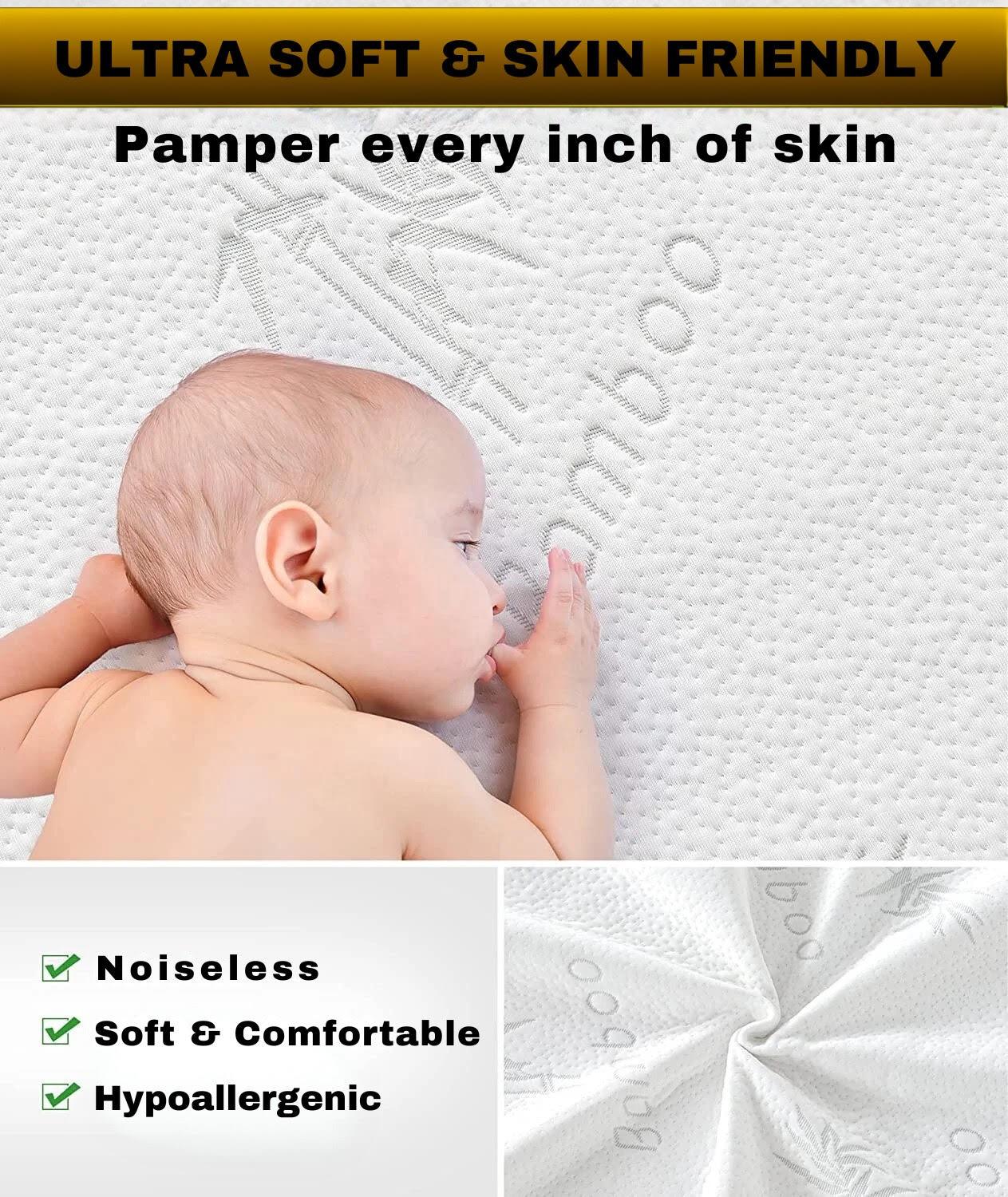 Baby lying on ultra soft bamboo mattress protector, hypoallergenic and skin-friendly bedding.