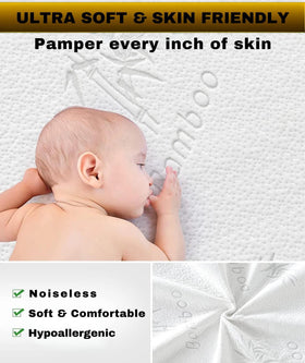 Baby lying on ultra soft bamboo mattress protector, hypoallergenic and skin-friendly bedding.