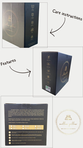 Collage of Mellow Pillow bamboo mattress protector packaging with care instructions and features highlighted