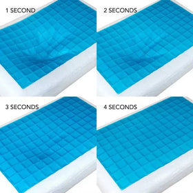 Time-lapse of a blue gel pad cooling over four seconds on a white background.