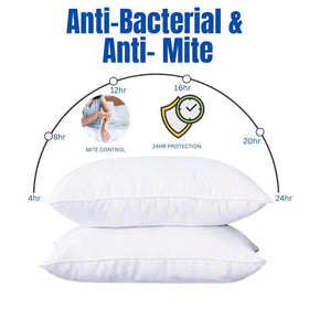 Two white pillows with text indicating antibacterial and antmite properties on a white background.