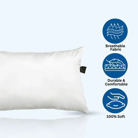 White pillow with breathable fabric, durable comfort, and softness features on a white background