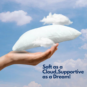 Hand holding a white pillow against a blue sky with clouds, text 'Soft as a Cloud, Supportive as a Dream!'.
