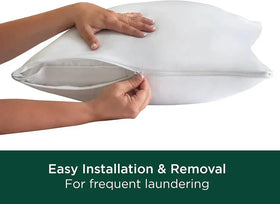 Person installing a pillow protector on a pillow with text 'Easy Installation & Removal For frequent laundering'.