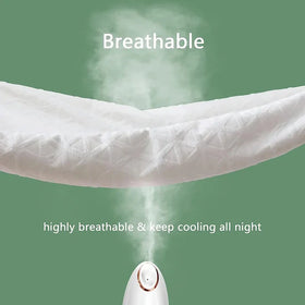 White fabric with cooling effect on a green background, labeled 'Breathable' and 'highly breathable & keep cooling all night'.