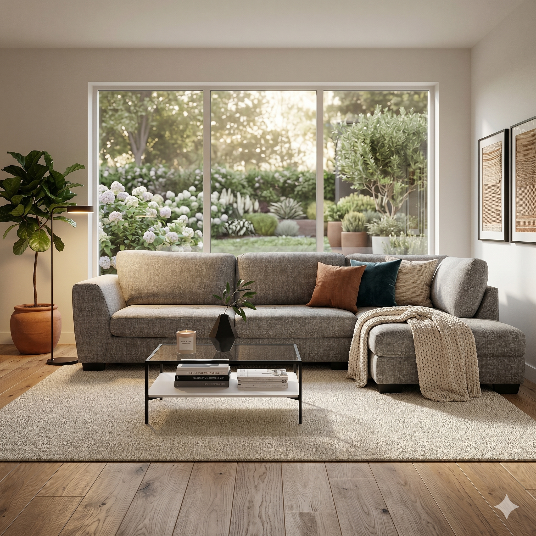 Modern living room with a sectional sofa, coffee table, and decorative elements.