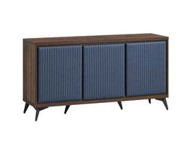 Modern wood sideboard with textured blue panel doors and angled black legs